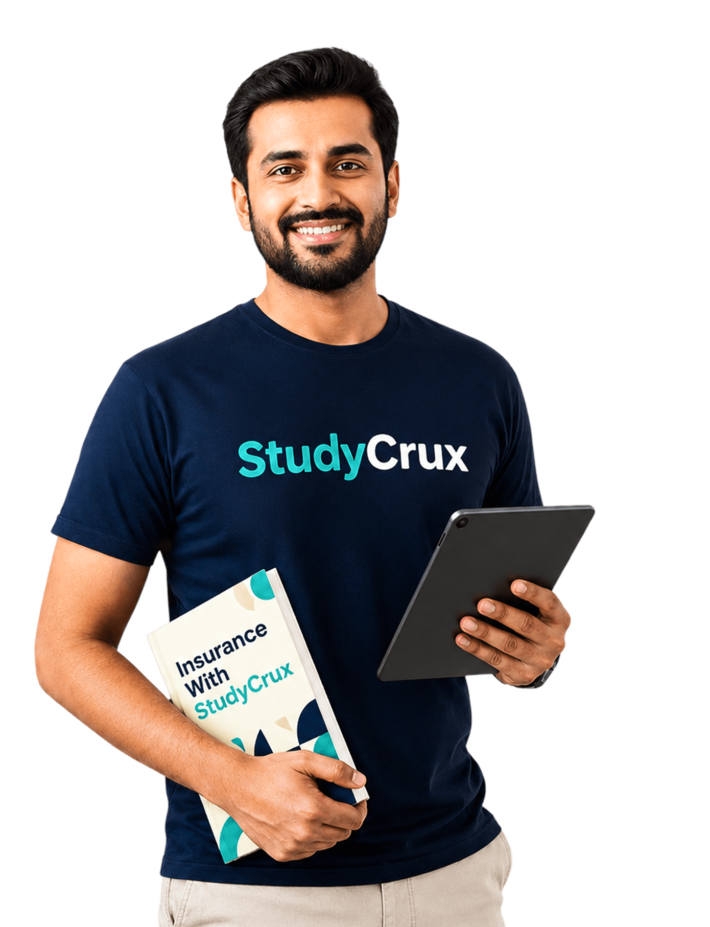 StudyCrux educator holding a tablet and course guide